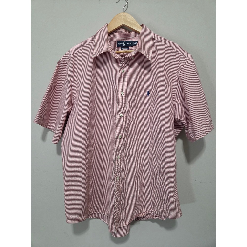Ralph Lauren Mens XXL Seersucker Shirt Red White Striped Short Sleeve ClassicFit